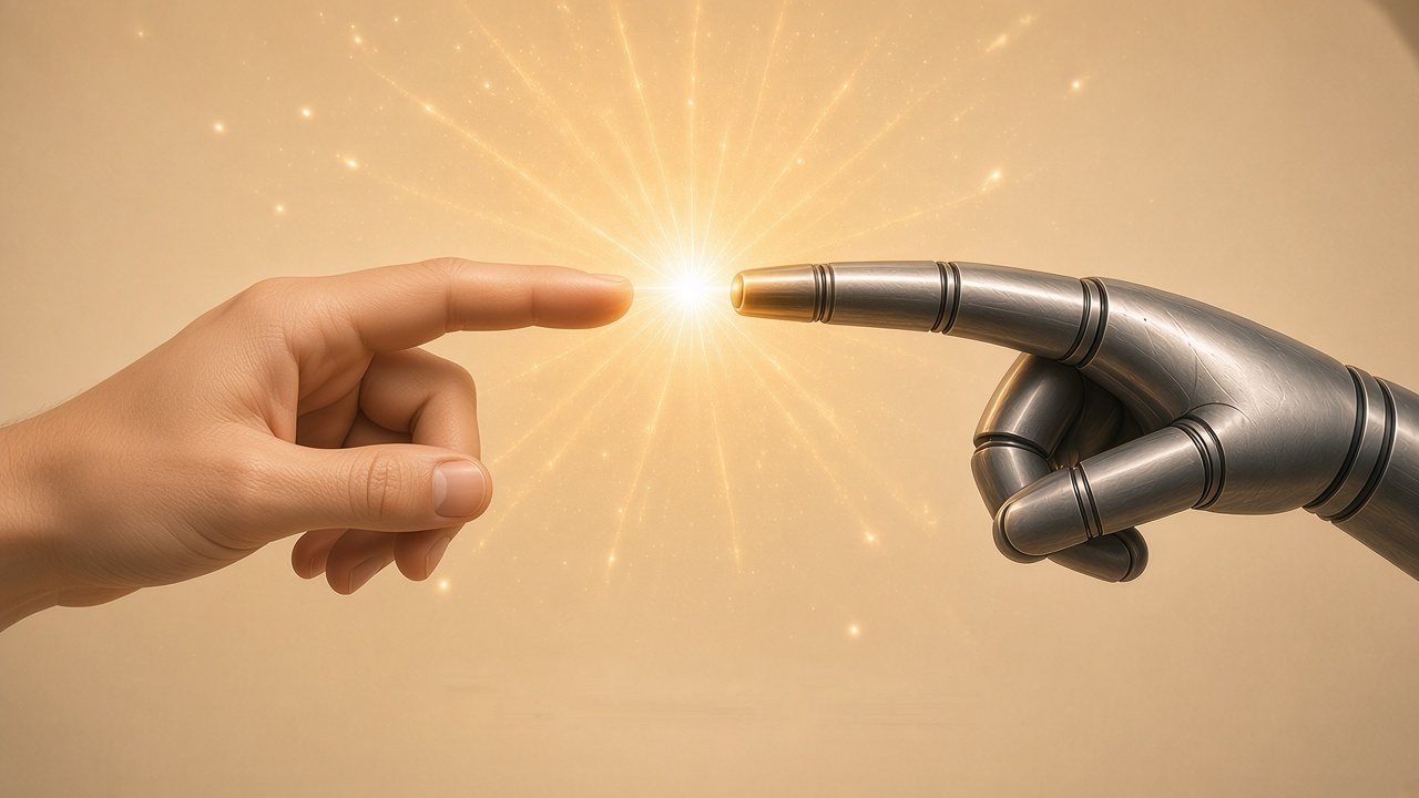 A human hand and a robot hand reaching towards each other, almost touching, with a soft golden light between them